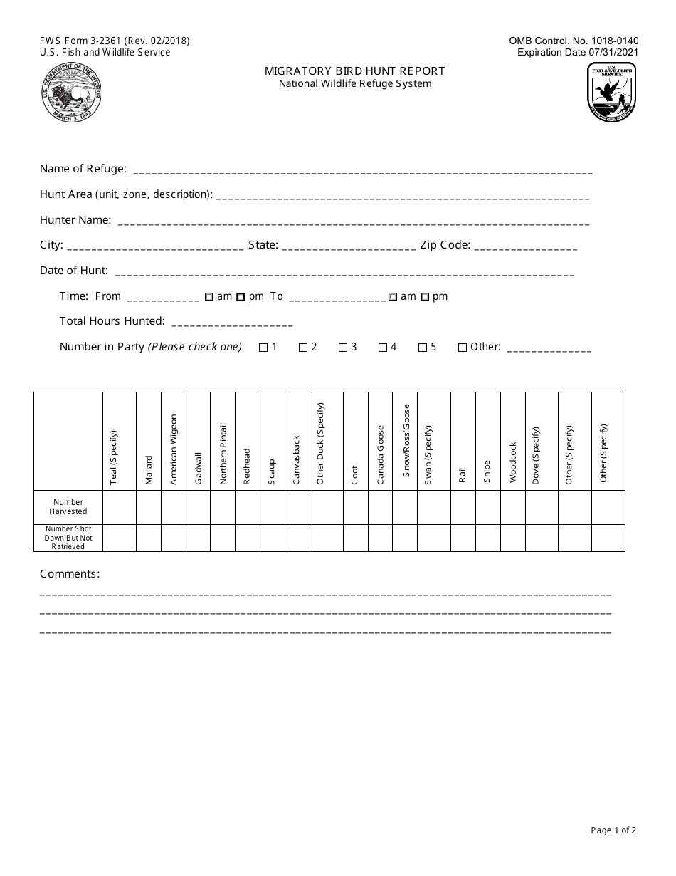 FWS Form 3-2361 Migratory Bird Hunt Report, Page 1