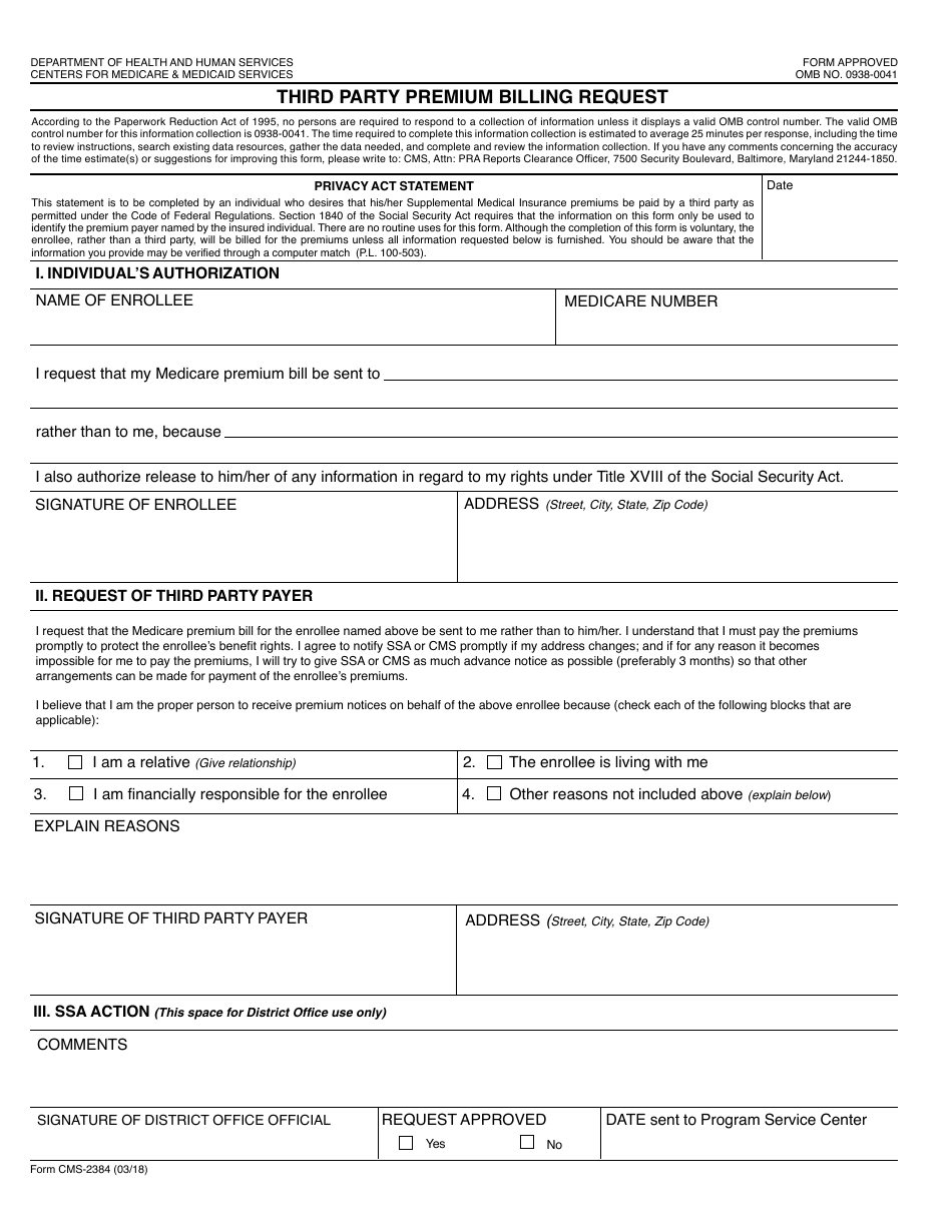 Form CMS-2384 Third Party Premium Billing Request, Page 1