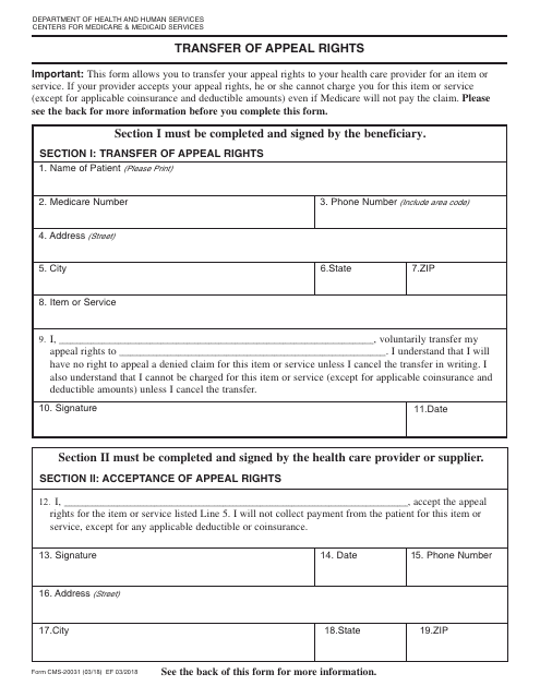 Form CMS-20031 Transfer of Appeal Rights