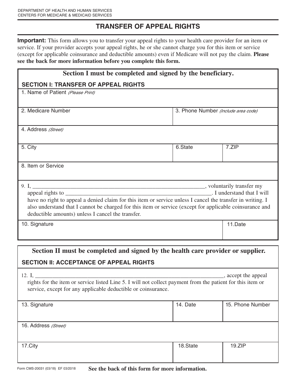 Form CMS-20031 Transfer of Appeal Rights, Page 1