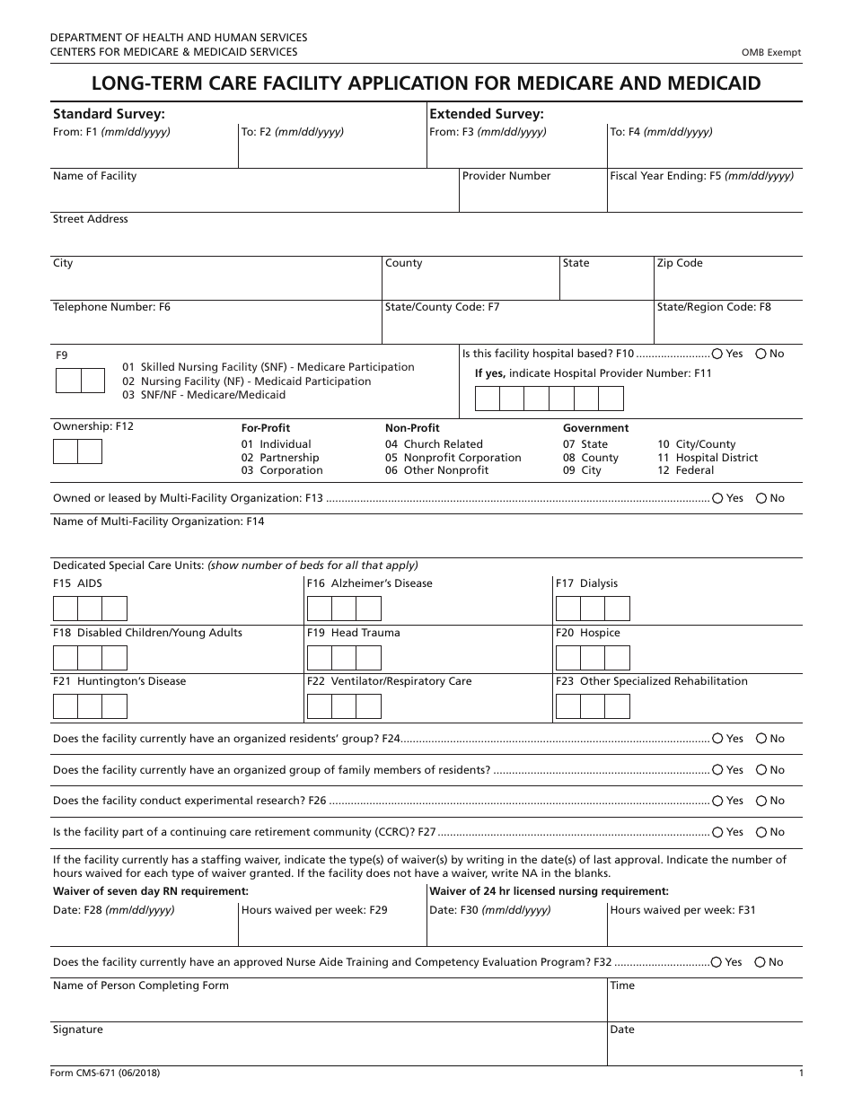 Form CMS-671 Long-Term Care Facility Application for Medicare and Medicaid, Page 1