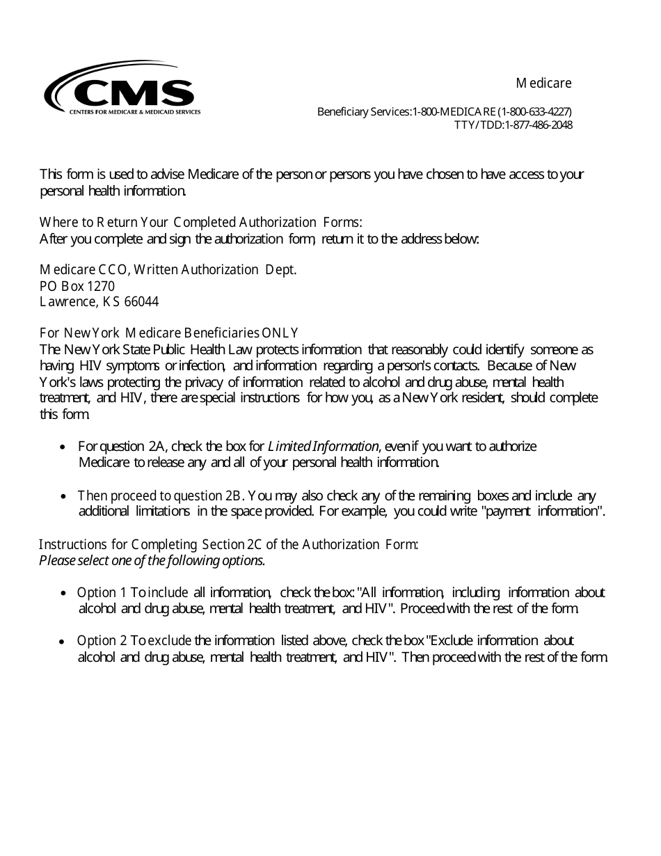 Form CMS-10106 1-800-medicare Authorization to Disclose Personal Health Information, Page 1
