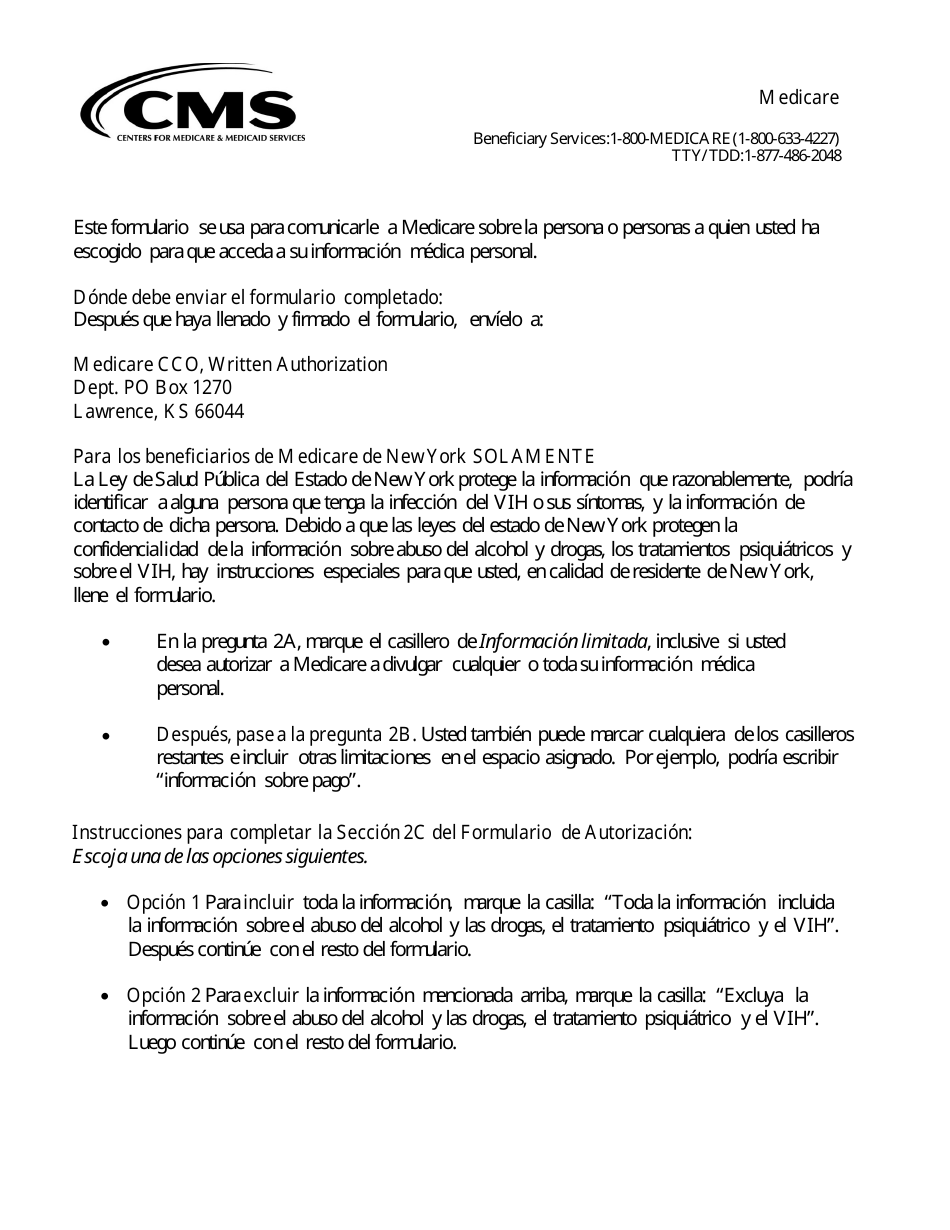 Formulario CMS-10106 Autorizacion a 1-800-medicare Para La Divulgacion De Informacion Medica Personal (Spanish), Page 1