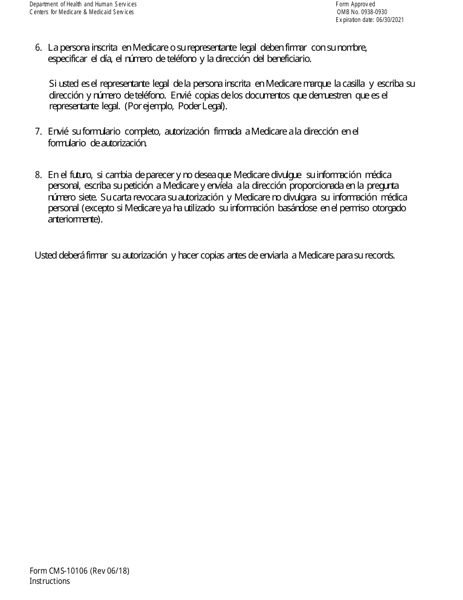 Formulario CMS-10106 Autorizacion a 1-800-medicare Para La Divulgacion De Informacion Medica Personal (Spanish), Page 4
