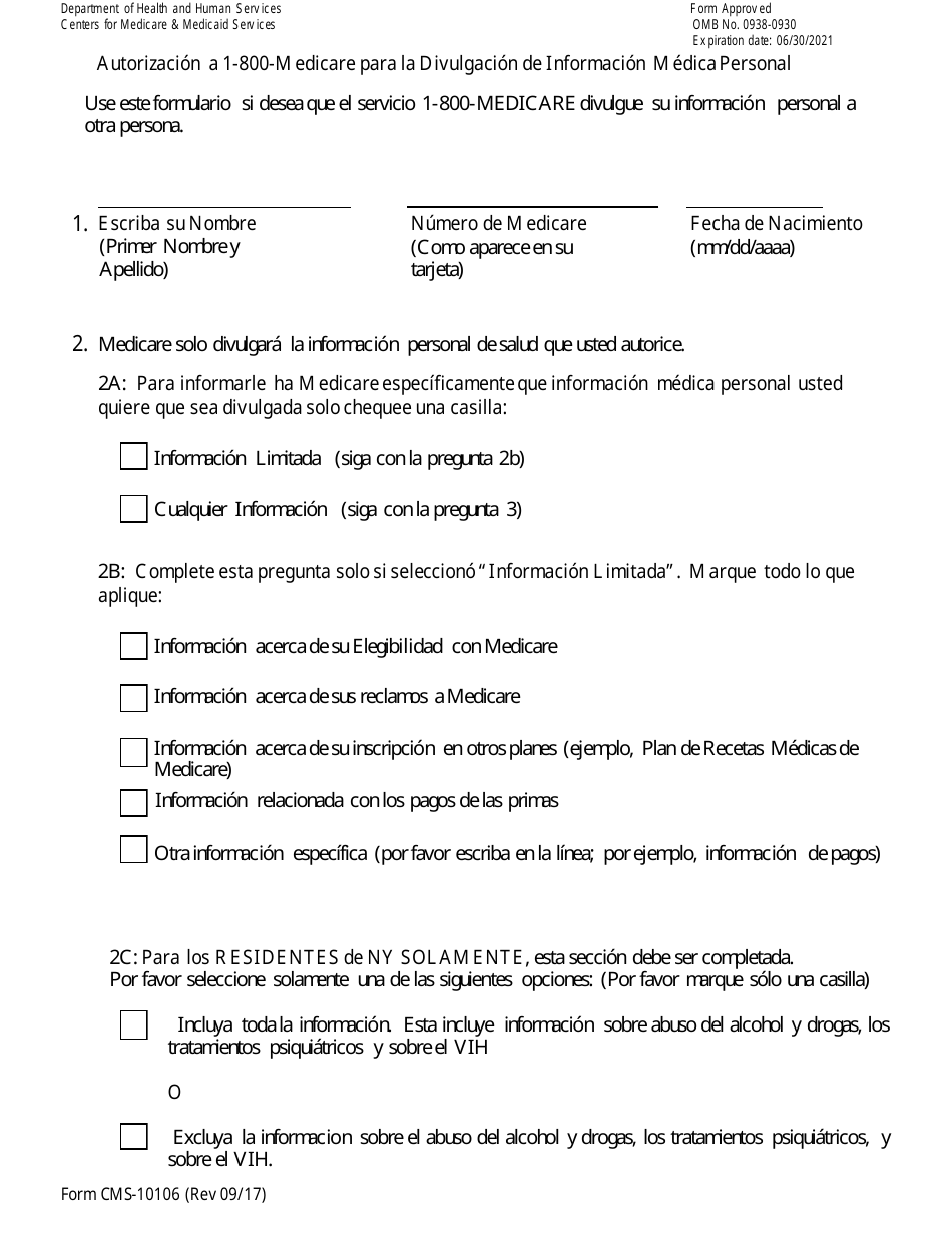Formulario CMS-10106 Autorizacion a 1-800-medicare Para La Divulgacion De Informacion Medica Personal (Spanish), Page 5