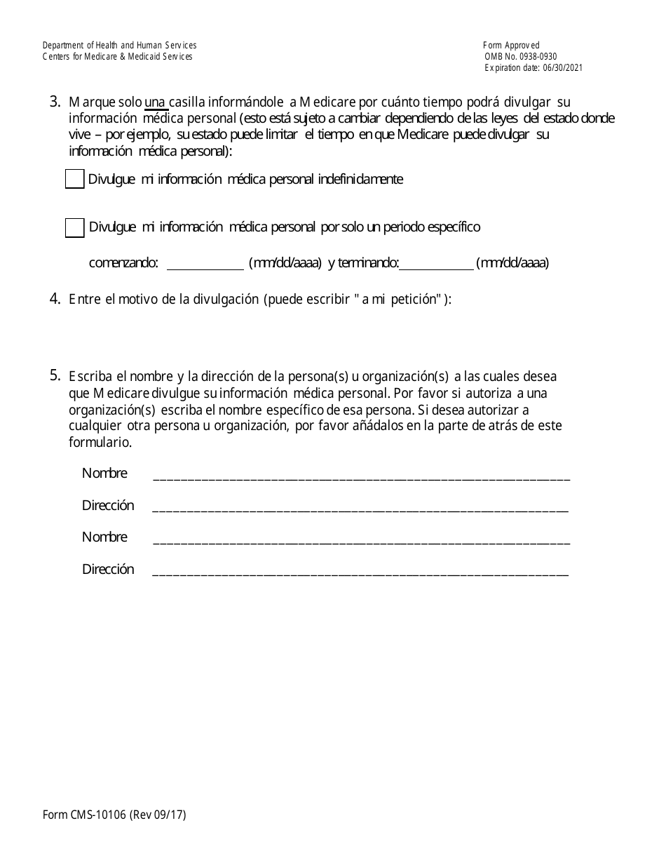 Formulario CMS-10106 Autorizacion a 1-800-medicare Para La Divulgacion De Informacion Medica Personal (Spanish), Page 6