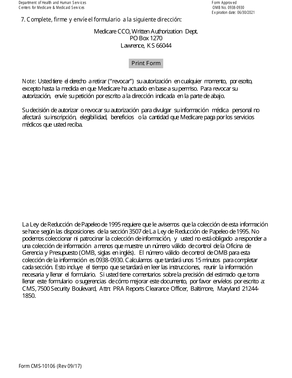 Formulario CMS-10106 Autorizacion a 1-800-medicare Para La Divulgacion De Informacion Medica Personal (Spanish), Page 8