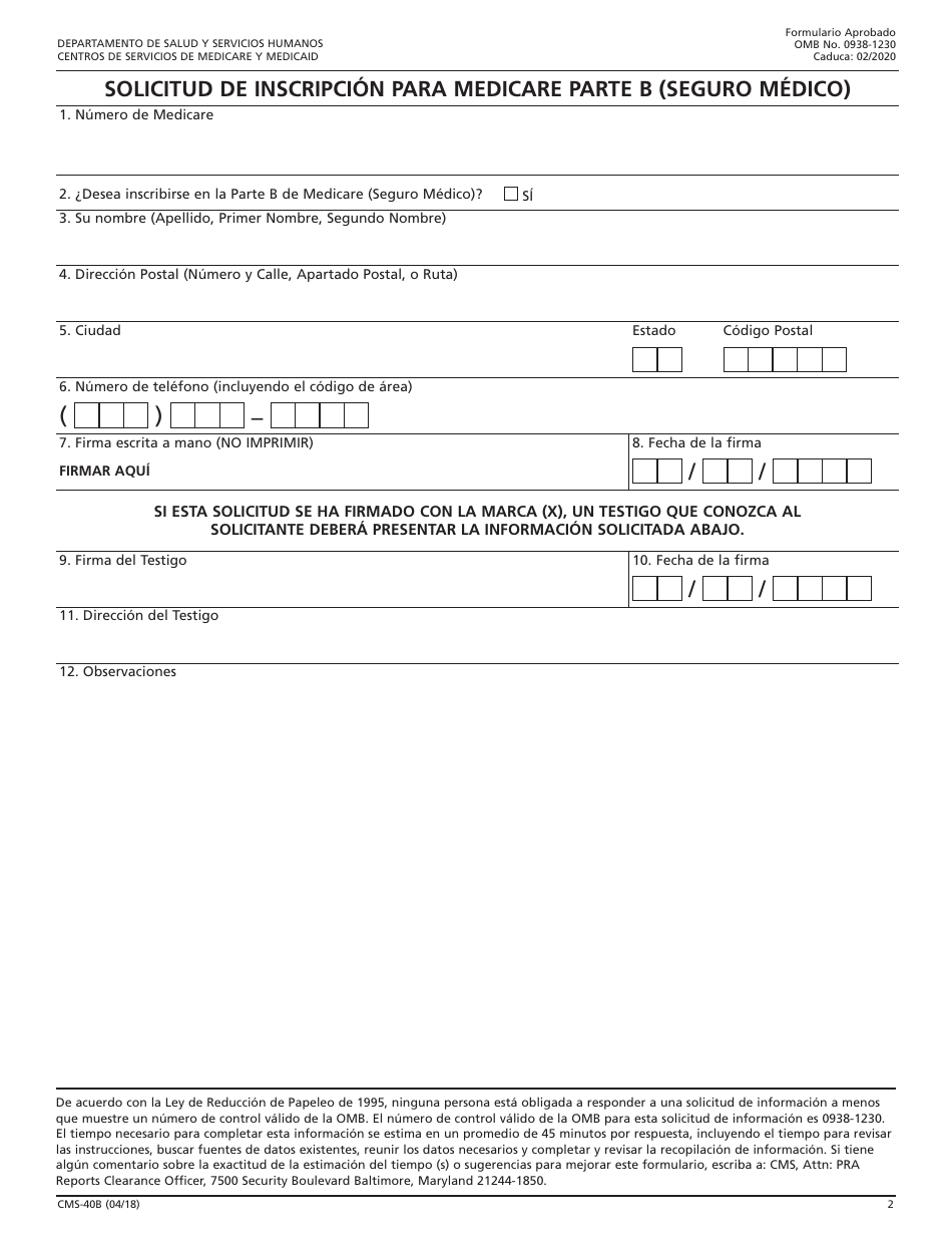 Formulario CMS-40B Solicitud De Inscripcion Para Medicare Parte B (Seguro Medico) (Spanish), Page 2