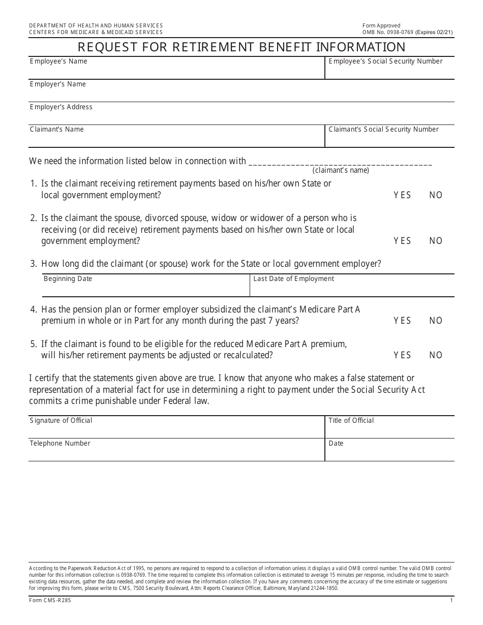 Form CMS-R285 Request for Retirement Benefit Information, Page 1
