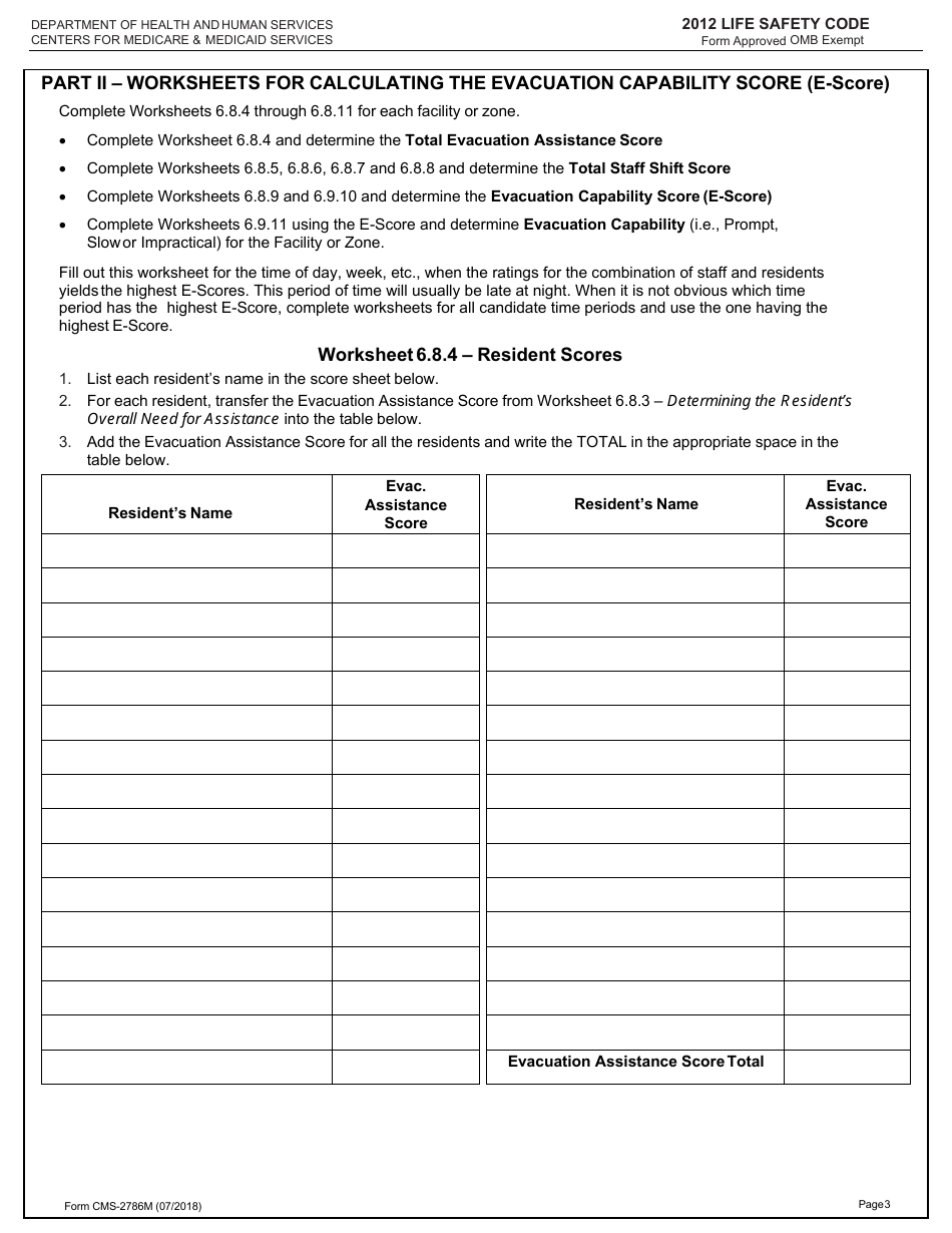 Form CMS-2786M Worksheet for Determining Evacuation Capability - Intermediate Care Facilities for Individuals With Intellectual Disabilities (Existing Facilities Only) - 2012 Life Safety Code, Page 3