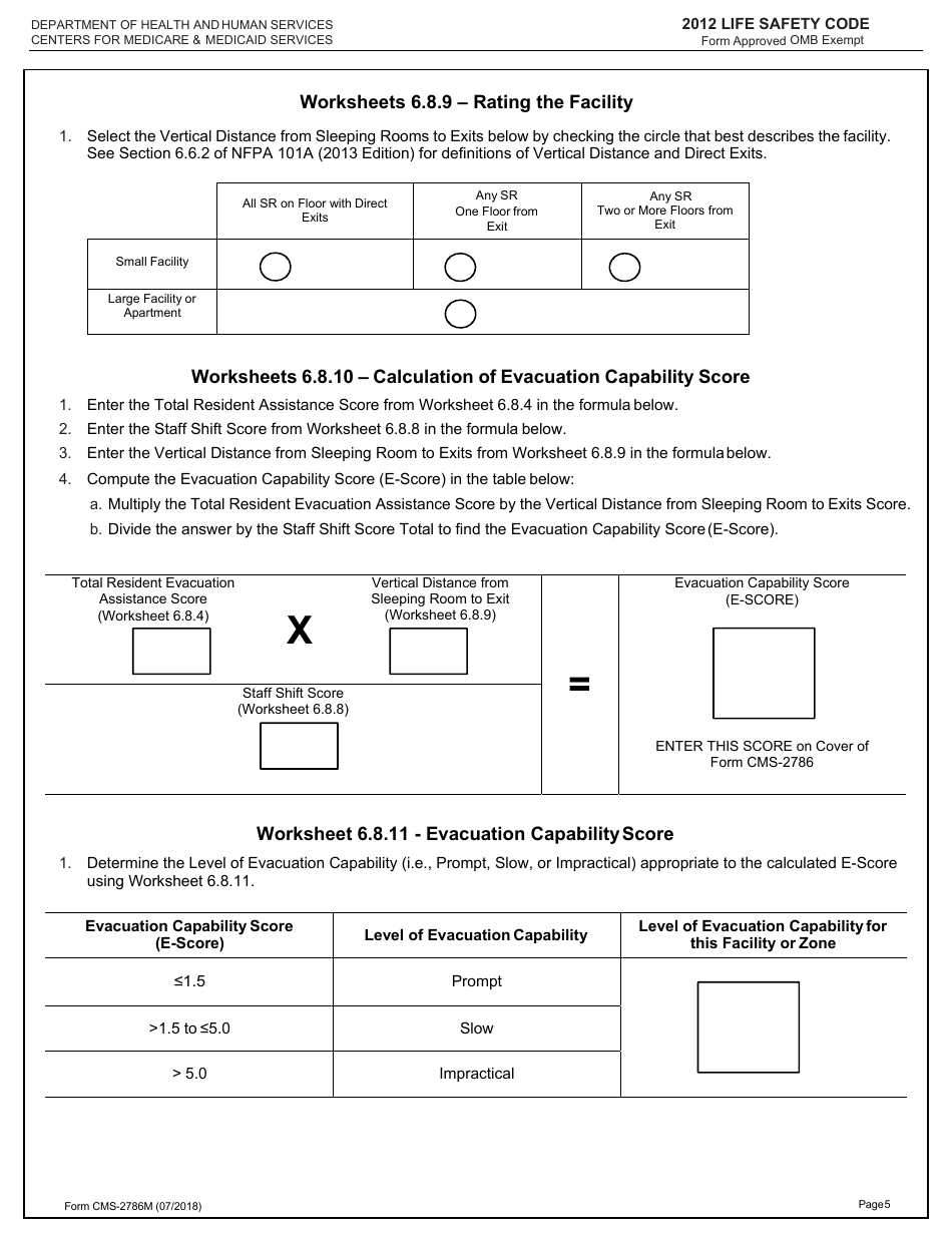 Form CMS-2786M Worksheet for Determining Evacuation Capability - Intermediate Care Facilities for Individuals With Intellectual Disabilities (Existing Facilities Only) - 2012 Life Safety Code, Page 5