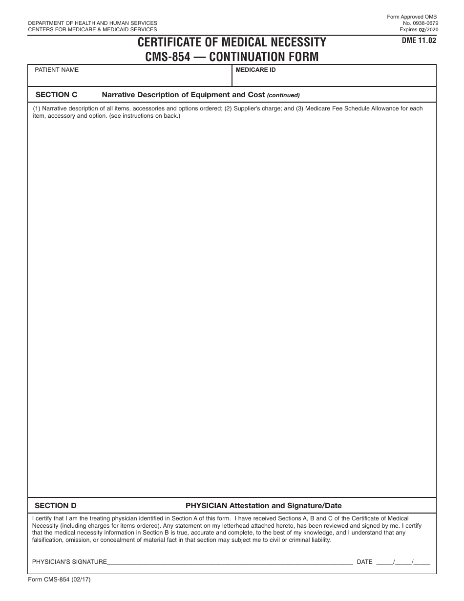 Form CMS-854 Certificate of Medical Necessity -continuation Form, Page 1
