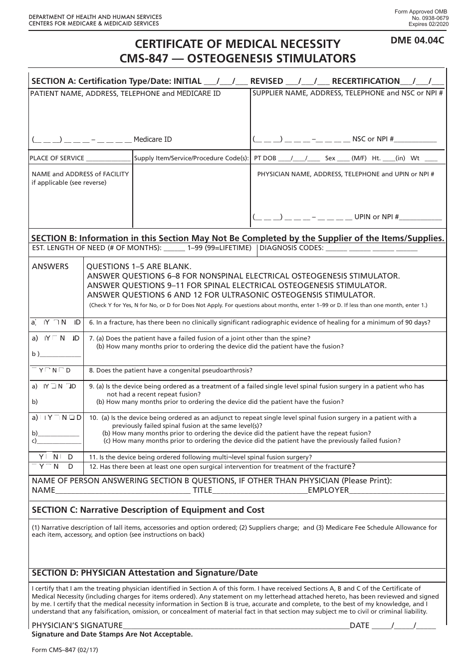 Form CMS-847 Certificate of Medical Necessity - Osteogenesis Stimulators, Page 1