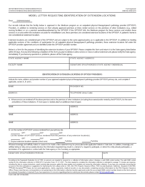 Form CMS-381 Model Letter Requesting Identification of Extension Locations