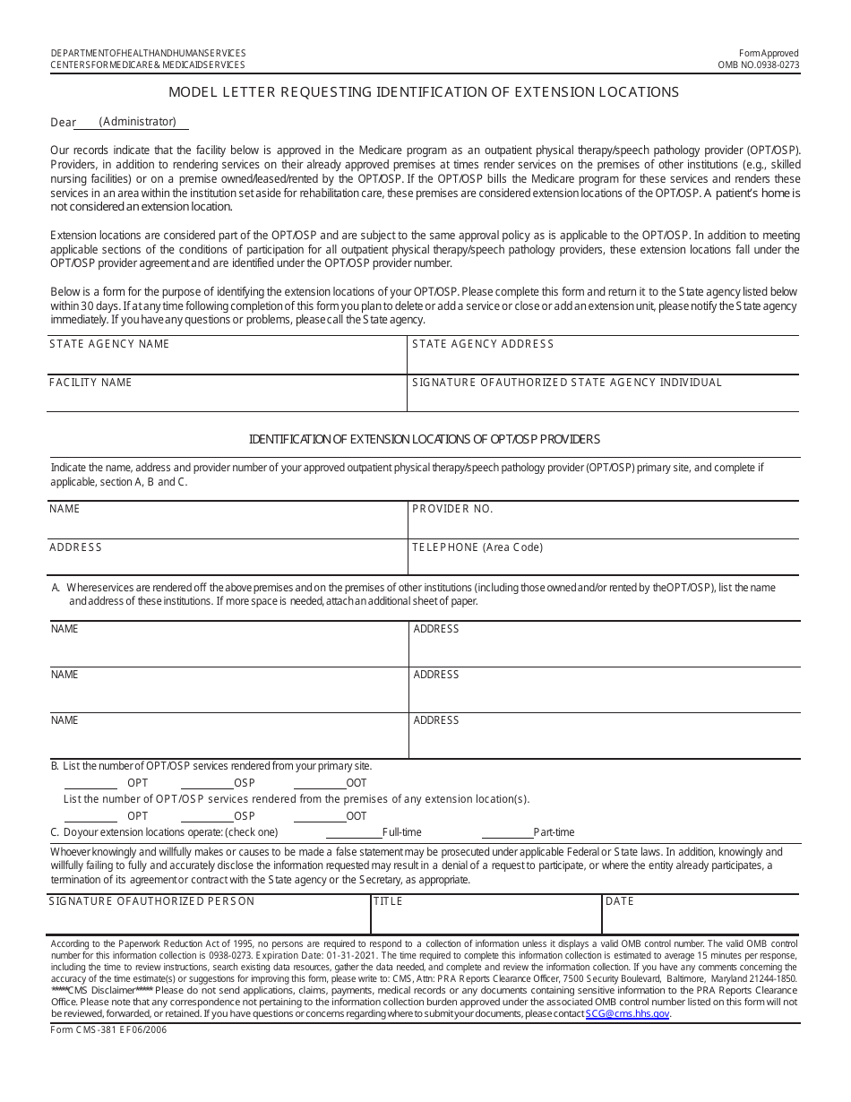 Form CMS-381 Model Letter Requesting Identification of Extension Locations, Page 1