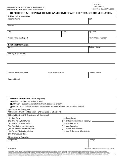 Form CMS-10455 Report of a Hospital Death Associated With Restraint or Seclusion