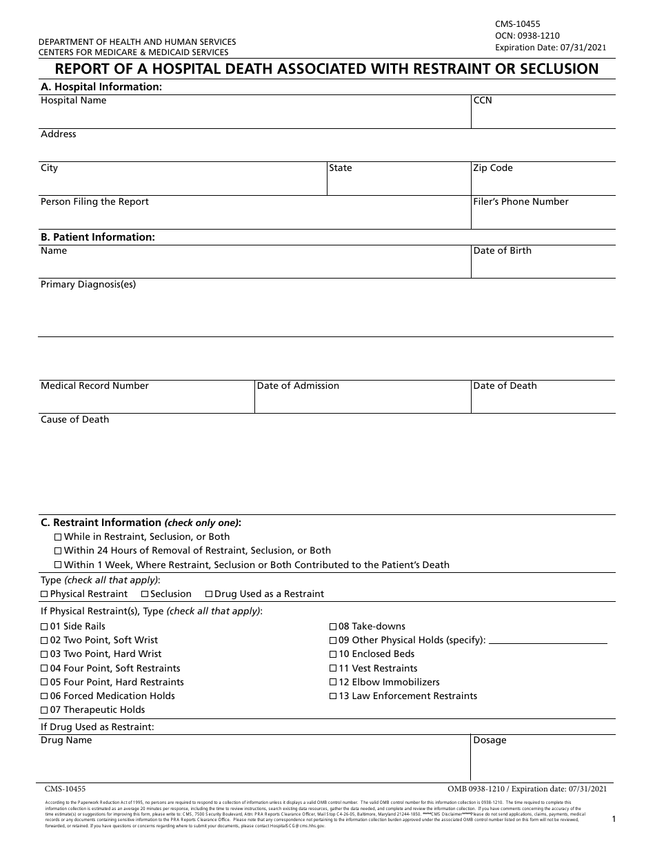 Form CMS-10455 Report of a Hospital Death Associated With Restraint or Seclusion, Page 1