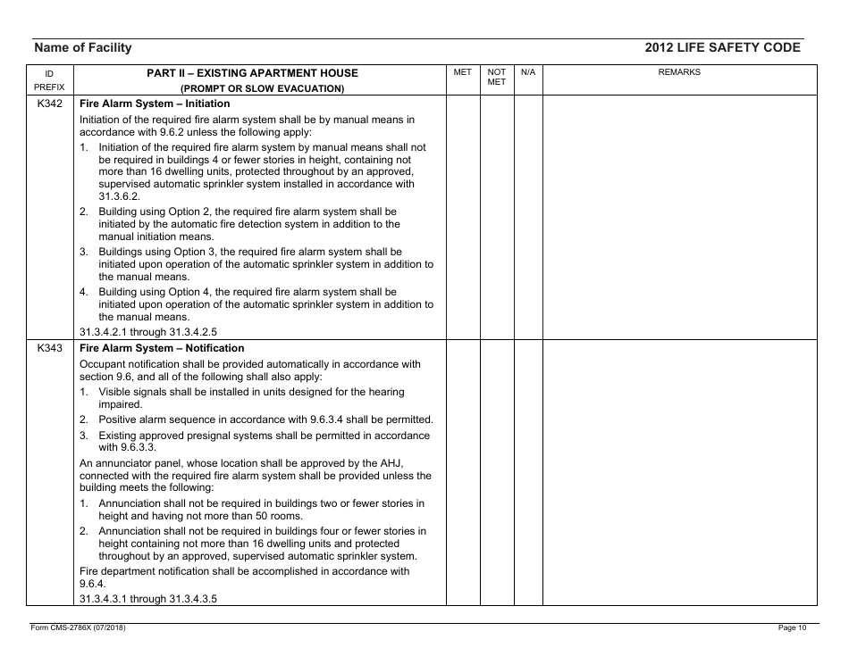 Form CMS-2786X Fire Safety Survey Report - Intermediate Care Facilities With Intellectual Disabilities (Apartment House) - 2012 Life Safety Code, Page 10