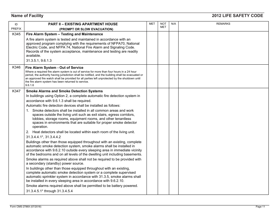 Form CMS-2786X Fire Safety Survey Report - Intermediate Care Facilities With Intellectual Disabilities (Apartment House) - 2012 Life Safety Code, Page 11