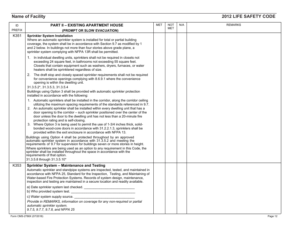 Form CMS-2786X Fire Safety Survey Report - Intermediate Care Facilities With Intellectual Disabilities (Apartment House) - 2012 Life Safety Code, Page 12