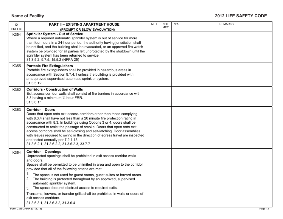 Form CMS-2786X Fire Safety Survey Report - Intermediate Care Facilities With Intellectual Disabilities (Apartment House) - 2012 Life Safety Code, Page 13
