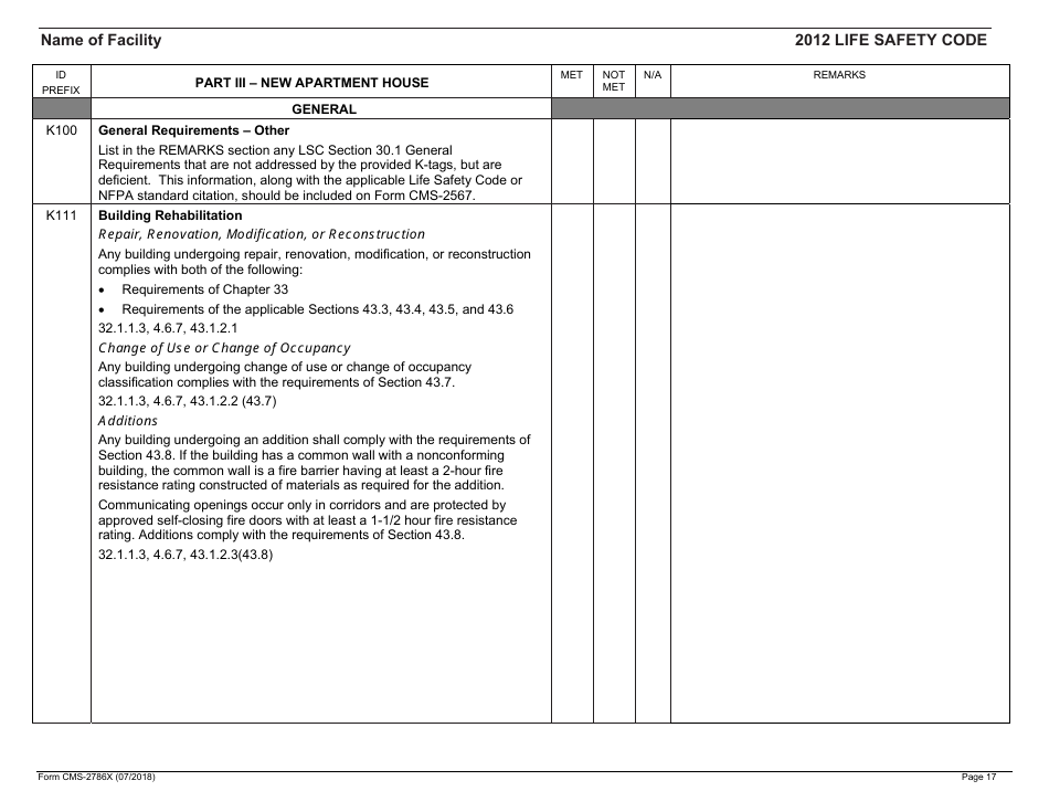 Form CMS-2786X Fire Safety Survey Report - Intermediate Care Facilities With Intellectual Disabilities (Apartment House) - 2012 Life Safety Code, Page 17