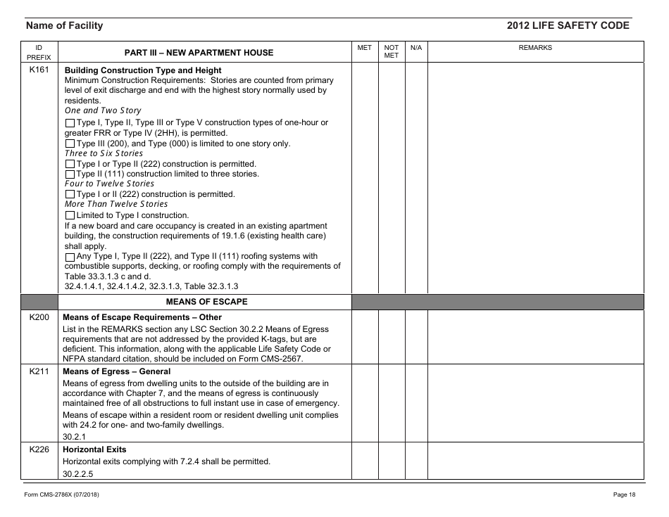 Form CMS-2786X Fire Safety Survey Report - Intermediate Care Facilities With Intellectual Disabilities (Apartment House) - 2012 Life Safety Code, Page 18