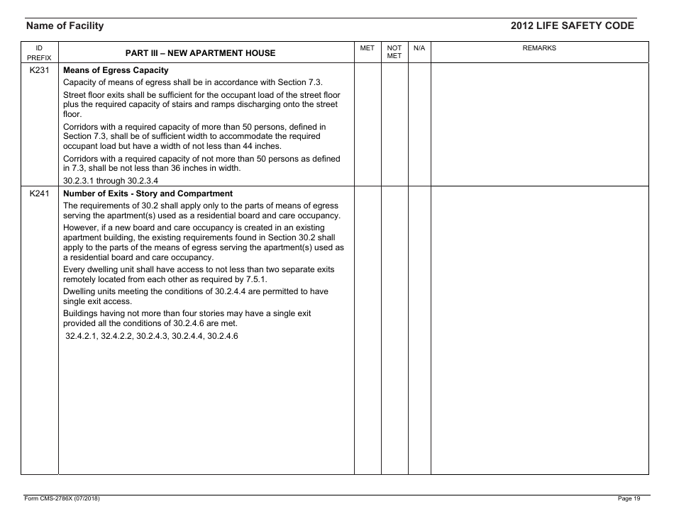 Form CMS-2786X Fire Safety Survey Report - Intermediate Care Facilities With Intellectual Disabilities (Apartment House) - 2012 Life Safety Code, Page 19