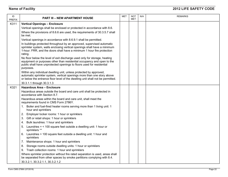 Form CMS-2786X Fire Safety Survey Report - Intermediate Care Facilities With Intellectual Disabilities (Apartment House) - 2012 Life Safety Code, Page 22