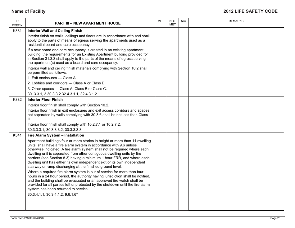 Form CMS-2786X Fire Safety Survey Report - Intermediate Care Facilities With Intellectual Disabilities (Apartment House) - 2012 Life Safety Code, Page 23