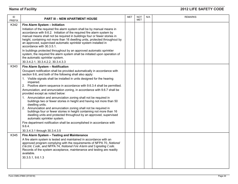 Form CMS-2786X Fire Safety Survey Report - Intermediate Care Facilities With Intellectual Disabilities (Apartment House) - 2012 Life Safety Code, Page 24