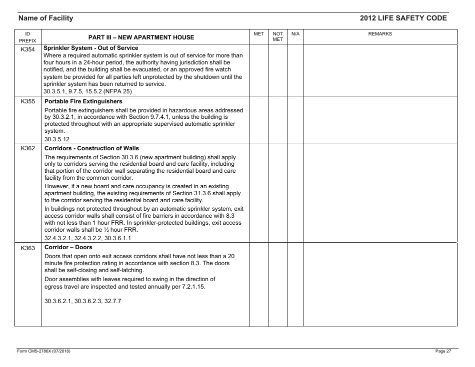 Form CMS-2786X Fire Safety Survey Report - Intermediate Care Facilities With Intellectual Disabilities (Apartment House) - 2012 Life Safety Code, Page 27