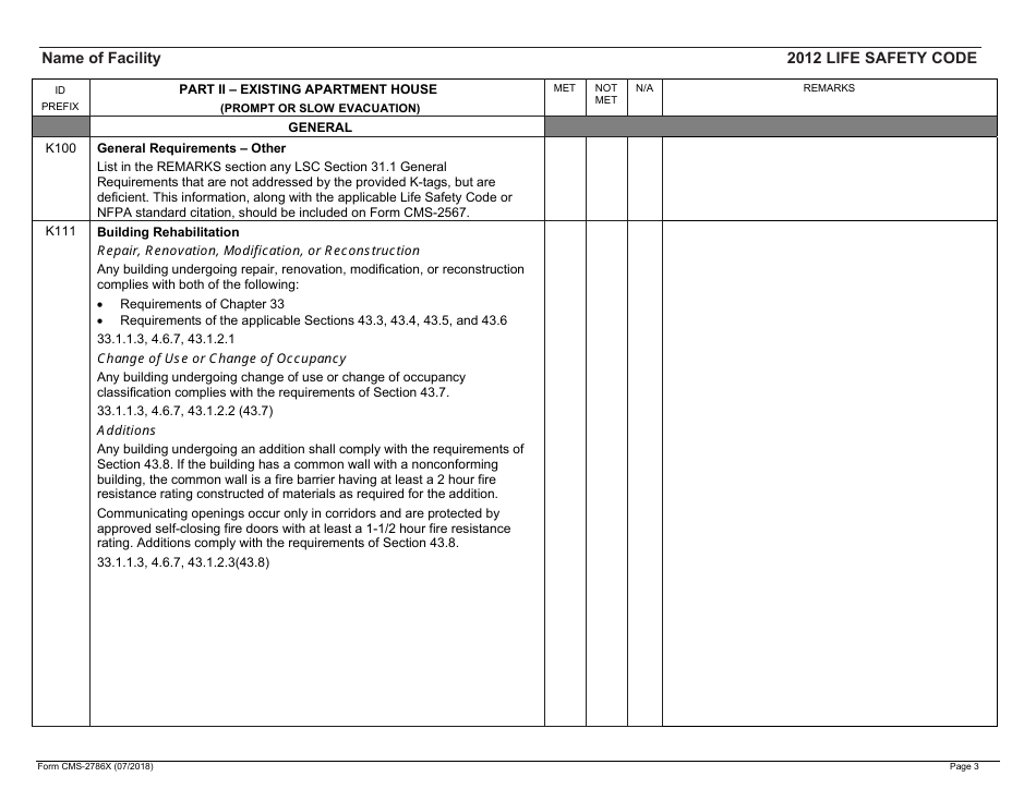 Form CMS-2786X Fire Safety Survey Report - Intermediate Care Facilities With Intellectual Disabilities (Apartment House) - 2012 Life Safety Code, Page 3