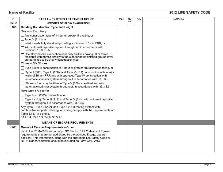 Form CMS-2786X Fire Safety Survey Report - Intermediate Care Facilities With Intellectual Disabilities (Apartment House) - 2012 Life Safety Code, Page 4