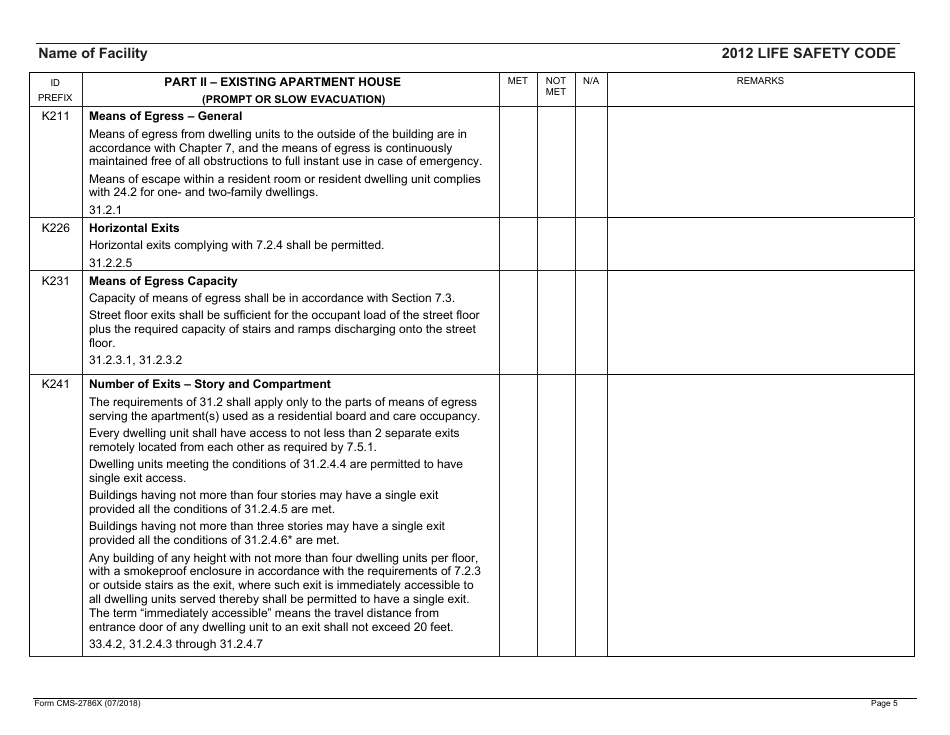 Form CMS-2786X Fire Safety Survey Report - Intermediate Care Facilities With Intellectual Disabilities (Apartment House) - 2012 Life Safety Code, Page 5
