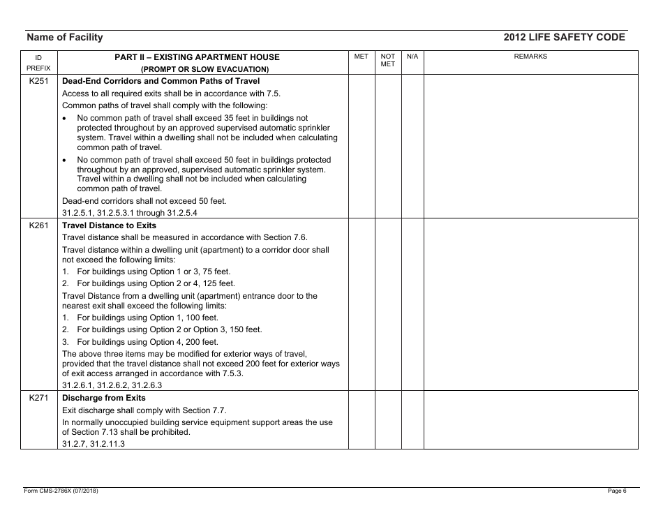 Form CMS-2786X Fire Safety Survey Report - Intermediate Care Facilities With Intellectual Disabilities (Apartment House) - 2012 Life Safety Code, Page 6