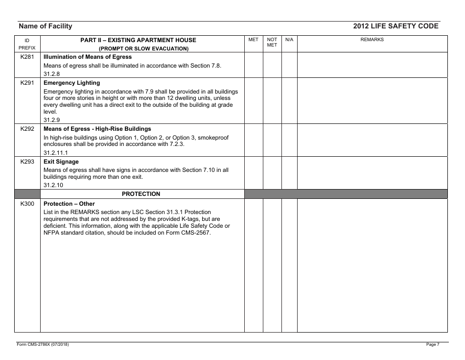 Form CMS-2786X Fire Safety Survey Report - Intermediate Care Facilities With Intellectual Disabilities (Apartment House) - 2012 Life Safety Code, Page 7