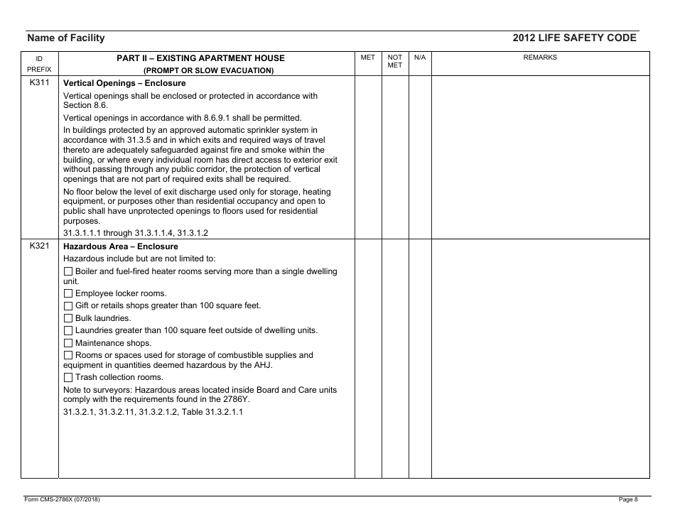 Form CMS-2786X Fire Safety Survey Report - Intermediate Care Facilities With Intellectual Disabilities (Apartment House) - 2012 Life Safety Code, Page 8