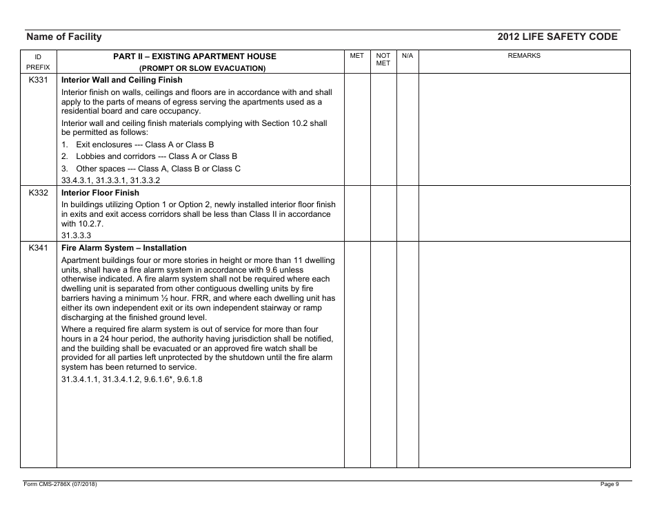 Form CMS-2786X Fire Safety Survey Report - Intermediate Care Facilities With Intellectual Disabilities (Apartment House) - 2012 Life Safety Code, Page 9