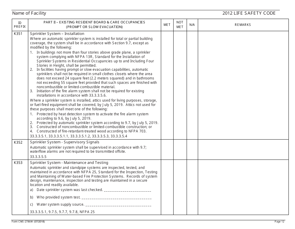 Form CMS-2786W Fire Safety Survey Report - Intermediate Care Facilities for Individuals With Intellectual Disabilities (Large Facilities) - 2012 Life Safety Code, Page 12