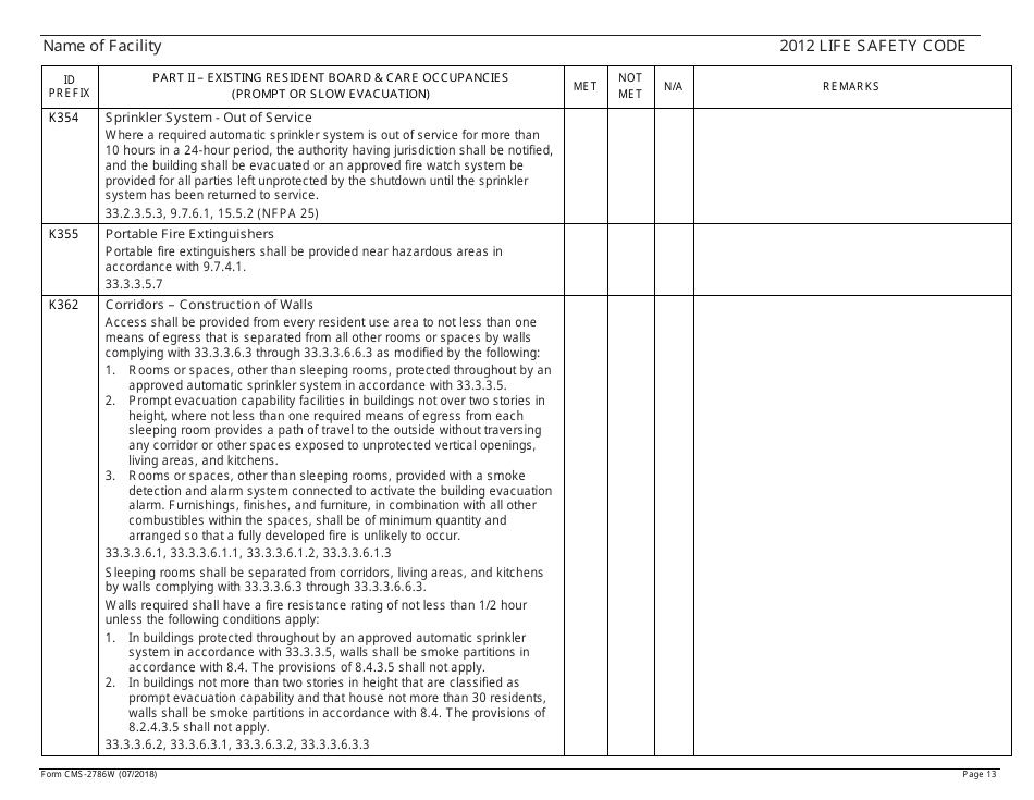 Form CMS-2786W Fire Safety Survey Report - Intermediate Care Facilities for Individuals With Intellectual Disabilities (Large Facilities) - 2012 Life Safety Code, Page 13