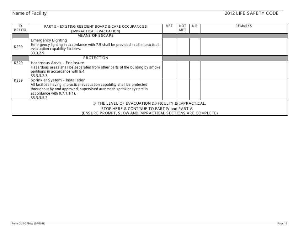 Form CMS-2786W Fire Safety Survey Report - Intermediate Care Facilities for Individuals With Intellectual Disabilities (Large Facilities) - 2012 Life Safety Code, Page 16