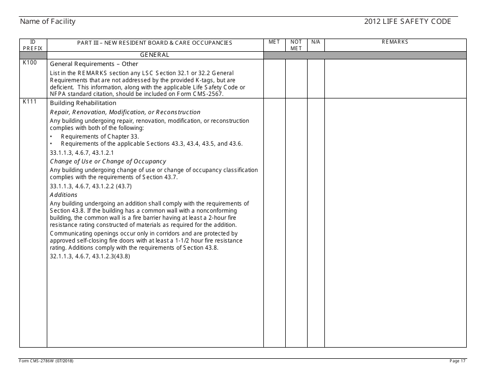 Form CMS-2786W Fire Safety Survey Report - Intermediate Care Facilities for Individuals With Intellectual Disabilities (Large Facilities) - 2012 Life Safety Code, Page 17