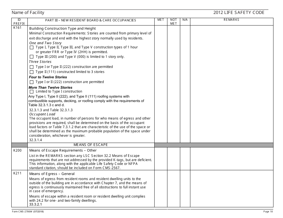 Form CMS-2786W Fire Safety Survey Report - Intermediate Care Facilities for Individuals With Intellectual Disabilities (Large Facilities) - 2012 Life Safety Code, Page 18