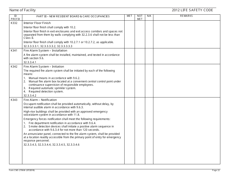 Form CMS-2786W Fire Safety Survey Report - Intermediate Care Facilities for Individuals With Intellectual Disabilities (Large Facilities) - 2012 Life Safety Code, Page 22