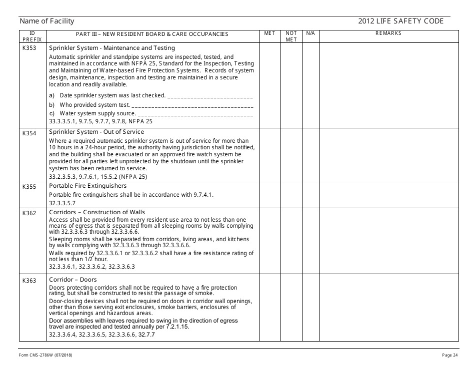 Form CMS-2786W Fire Safety Survey Report - Intermediate Care Facilities for Individuals With Intellectual Disabilities (Large Facilities) - 2012 Life Safety Code, Page 24