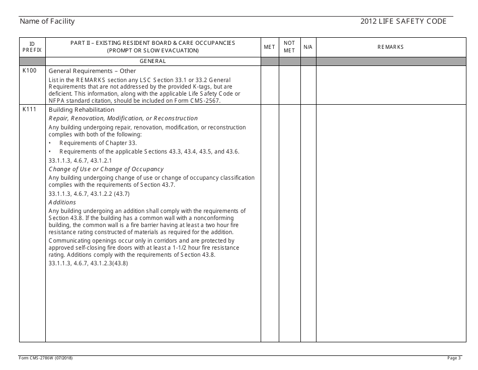 Form CMS-2786W Fire Safety Survey Report - Intermediate Care Facilities for Individuals With Intellectual Disabilities (Large Facilities) - 2012 Life Safety Code, Page 3