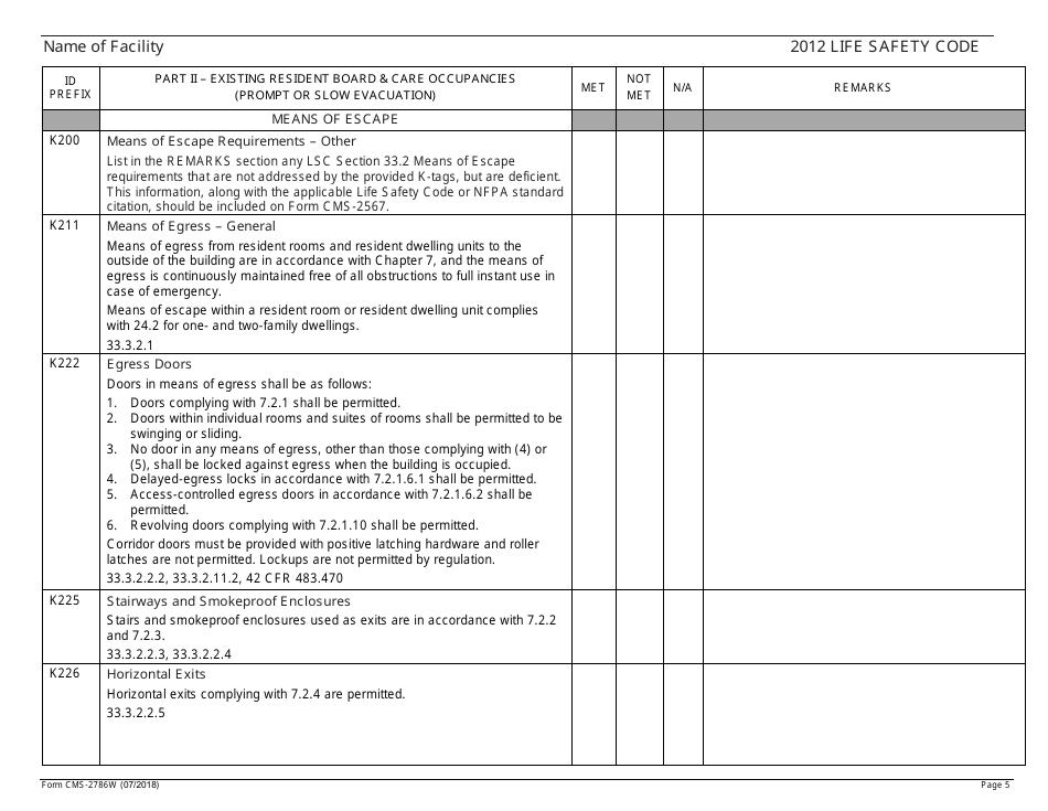 Form CMS-2786W Fire Safety Survey Report - Intermediate Care Facilities for Individuals With Intellectual Disabilities (Large Facilities) - 2012 Life Safety Code, Page 5