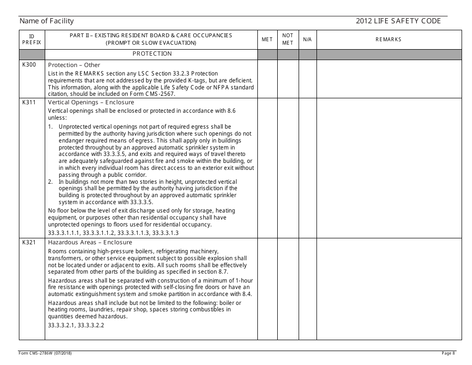 Form CMS-2786W Fire Safety Survey Report - Intermediate Care Facilities for Individuals With Intellectual Disabilities (Large Facilities) - 2012 Life Safety Code, Page 8