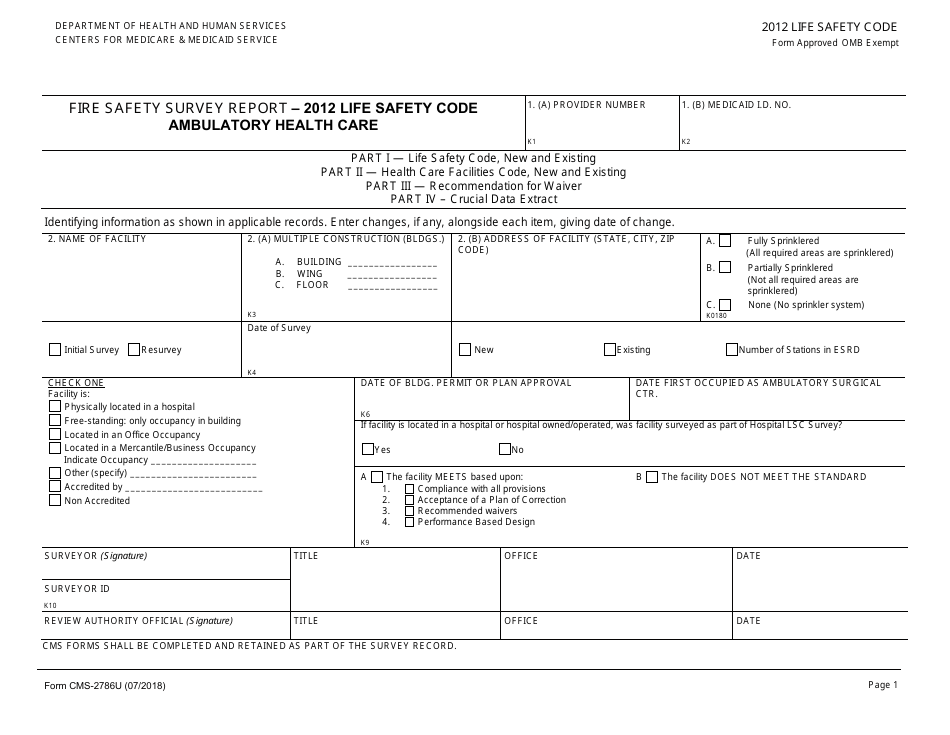 Form CMS-2786U Fire Safety Survey Report - 2012 Life Safety Code Ambulatory Health Care, Page 1